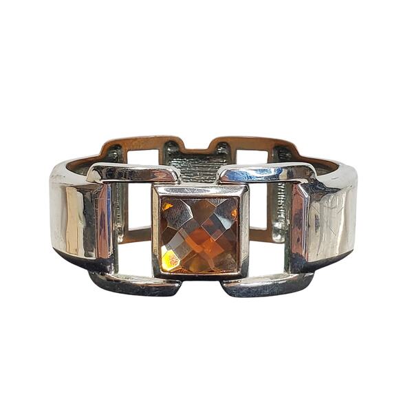 Silver Tone Clamp Bracelet 2" Brown Square Rhinestone - Picture 2 of 6